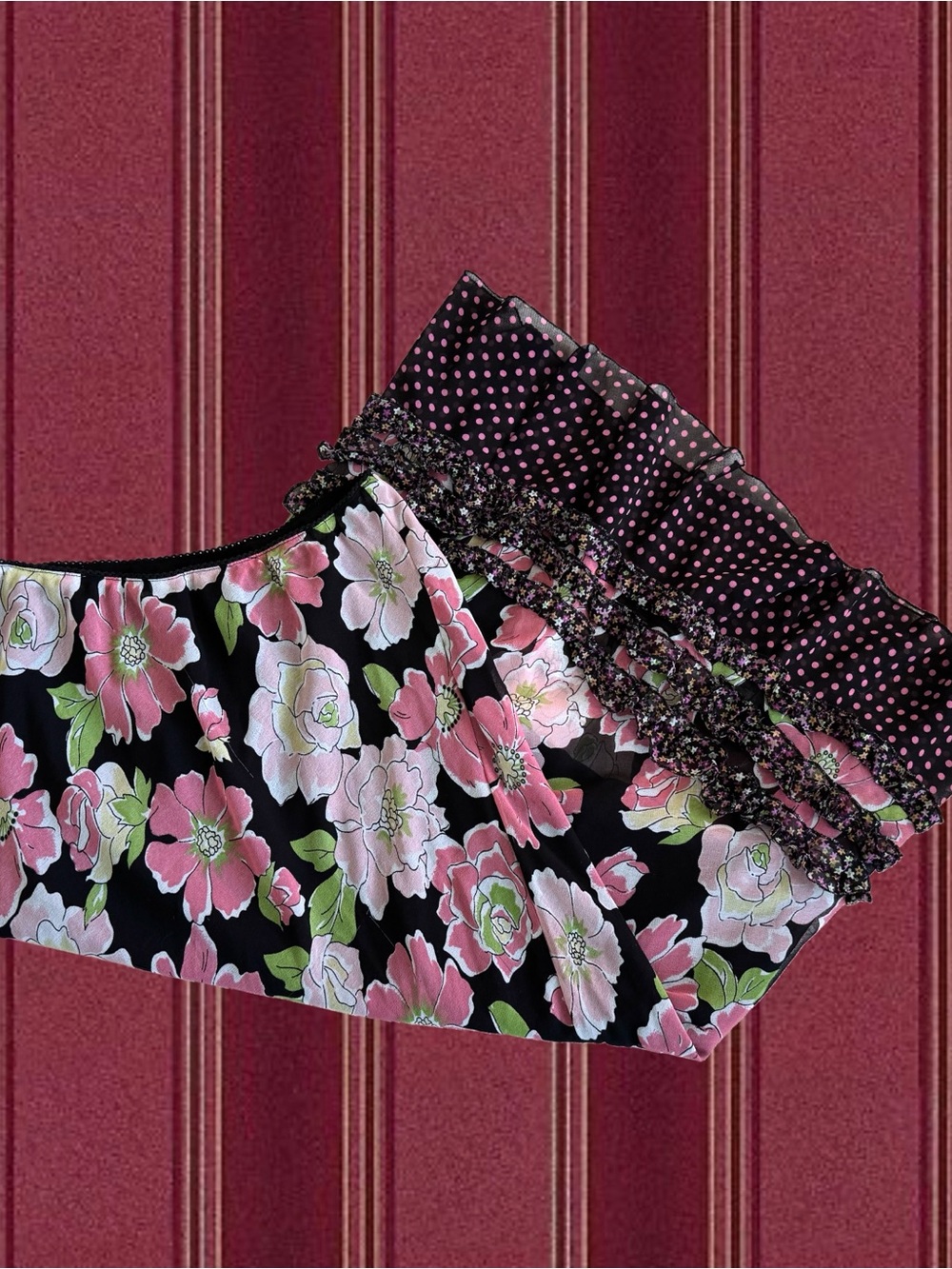 Floral Ruffle Maxi Skirt in Black and Pink